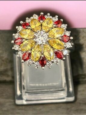Floral Multi-Gemstone Ring in Yellow & Red - Women Jewelry